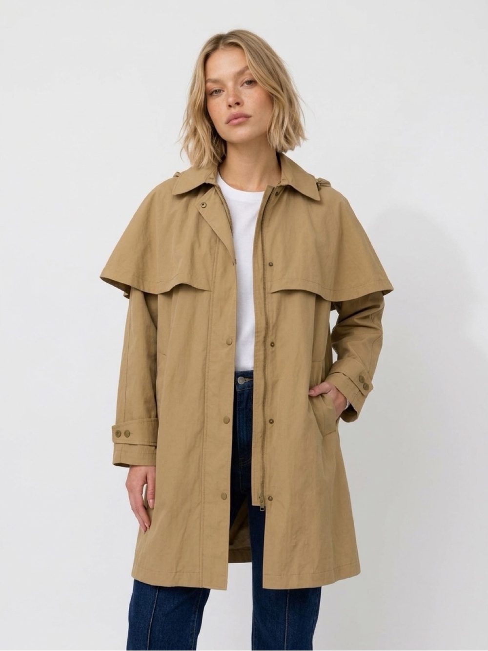 Avec Les Filles Camel Cape-Yoke Trench Coat
